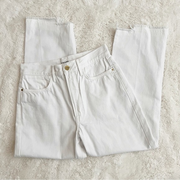 FRAME Le Hollywood High Waist Ripped Crop Straight Leg Jeans In Blanc Rips - Picture 10 of 11